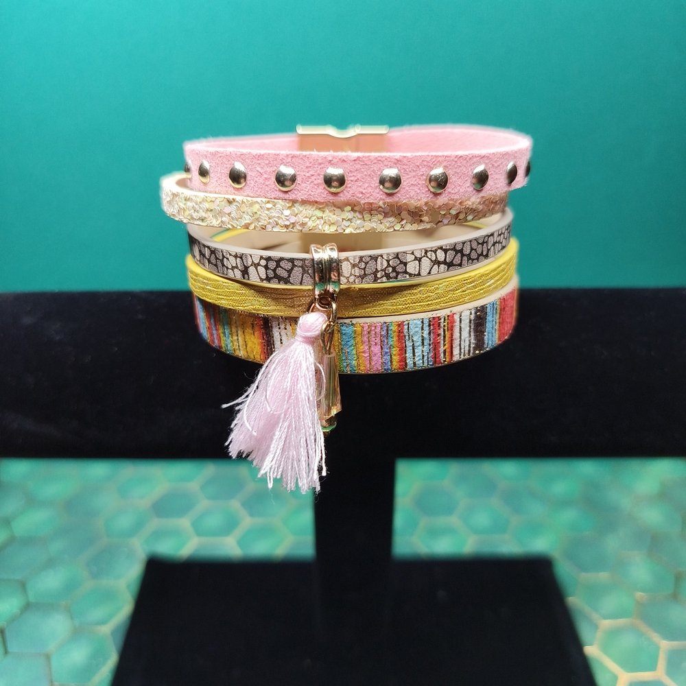 Magnetic Multicolor Layered Bracelet with Pink Tassel